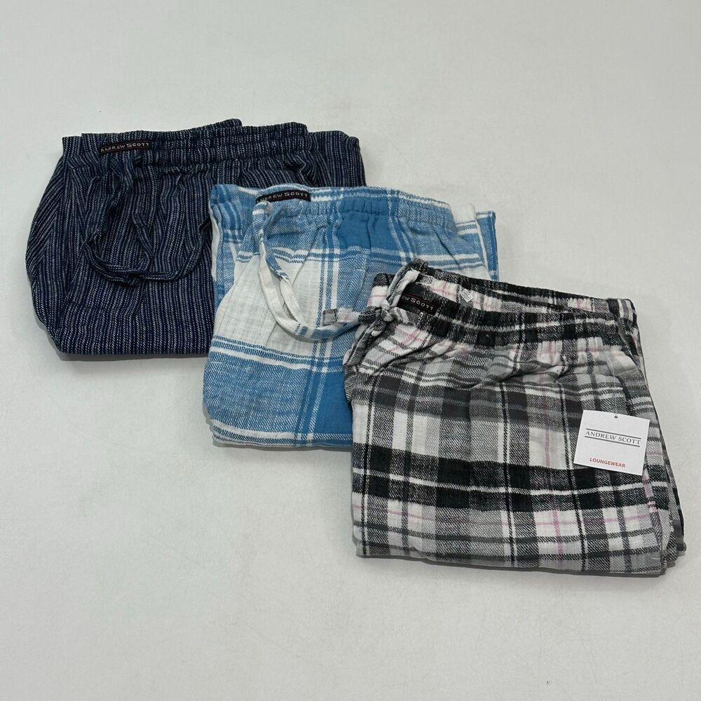Andrew Scott Men's Lounge Pants Black Gray‎ Plaid Flannel Pajama Cozy, Size S